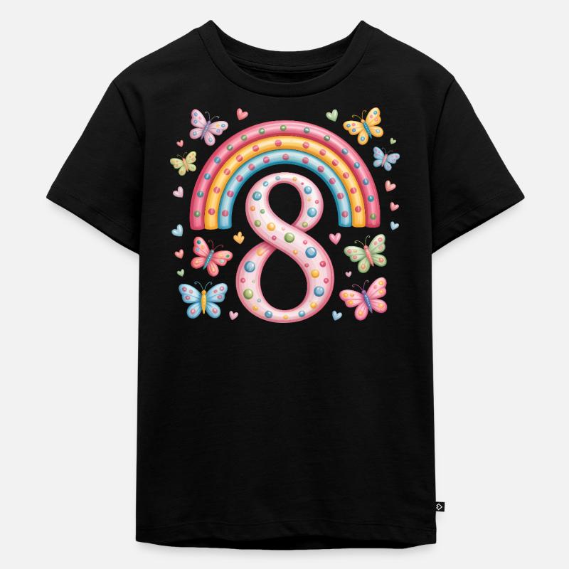 Regenbogen Schmetterling 8. Geburtstag Mädchen - Kinder Premium Bio T-Shirt - Schwarz
