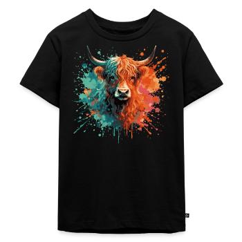Highland Cattle Watercolor Painting – Color Splash Animal Art - Kids Premium Organic T-Shirt - black - Front - Mikhail (115cm)
