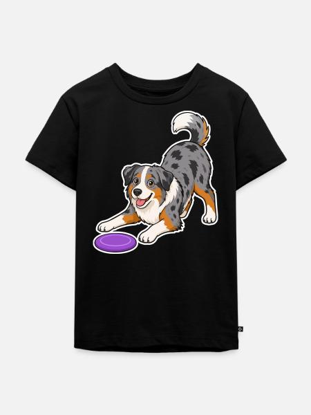Australian Shepherd mit lila Frisbee - Kinder Premium Bio T-Shirt - Schwarz