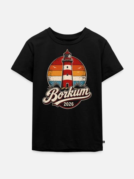 Borkum Leuchtturm 2026 Retro - Kinder Premium Bio T-Shirt - Schwarz