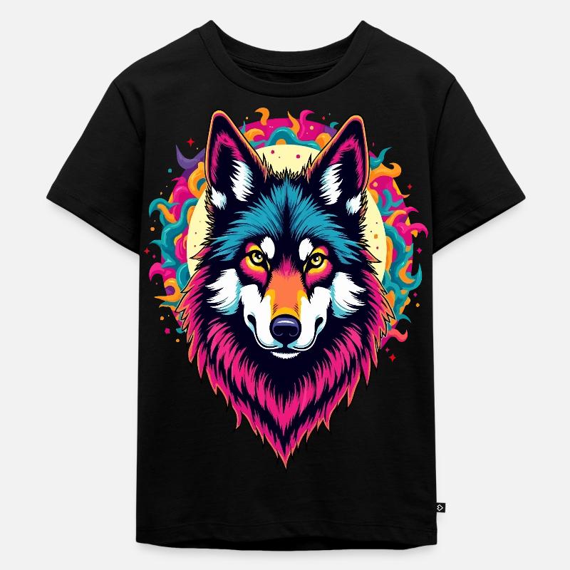 Neon Wolfskopf mit Sonne – Bunte psychedelische Kunst - Kinder Premium Bio T-Shirt - Schwarz