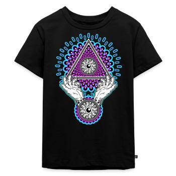 Neon Illuminati Pyramide 23 mit Aura, Schwarzlicht - Kinder Premium Bio T-Shirt - Schwarz - Vorne - Mikhail (115cm)
