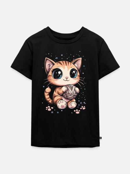 Süße Katze mit Wollknäuel - Kinder Premium Bio T-Shirt - Schwarz
