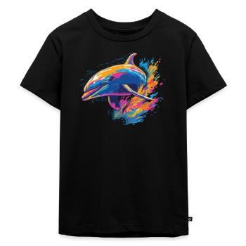 Wasserfarben Farbenfroher Delfin bunte Tiere - Kinder Premium Bio T-Shirt - Schwarz - Vorne - Mikhail (115cm)