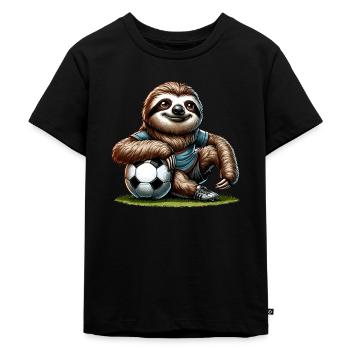 Lustiges Faultier spielt Fussball für - Kinder Premium Bio T-Shirt - Schwarz - Vorne - Mikhail (115cm)