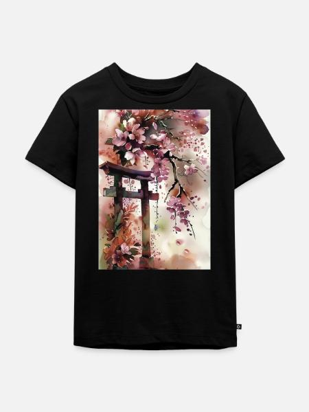 Sakura Torii im Aquarell - Kinder Premium Bio T-Shirt - Schwarz