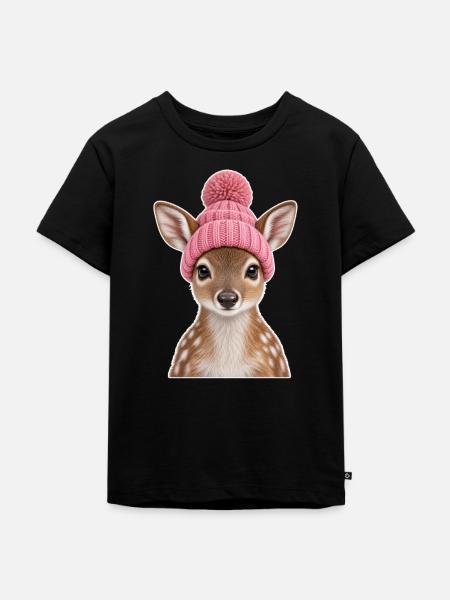 Rentierchen mit pinker Pomponmütze - Kinder Premium Bio T-Shirt - Schwarz