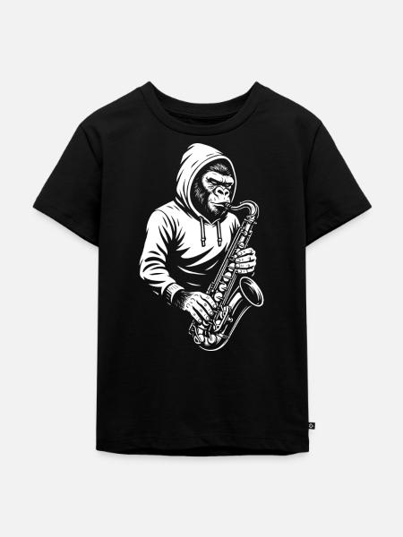 Affe im Kapuzenpullover Saxophon Design - Kinder Premium Bio T-Shirt - Schwarz