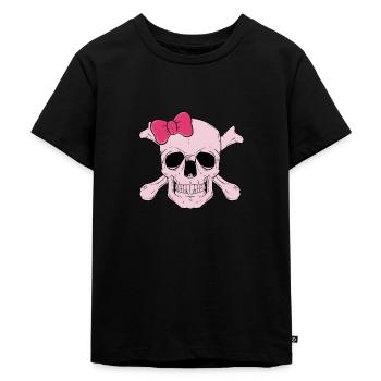 Totenkopf Weiblich mit Rosa Schleife - Kinder Premium Bio T-Shirt - Schwarz - Vorne - Mikhail (115cm)