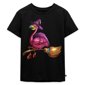 Pink Witches Flamingo Halloween Bird Broom Costume - Kids Premium Organic T-Shirt - black - Front - Mikhail (115cm)