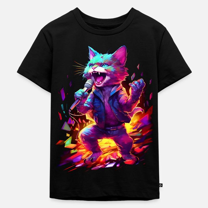 Singende Katze, Neon, Feuer - Kinder Premium Bio T-Shirt - Schwarz
