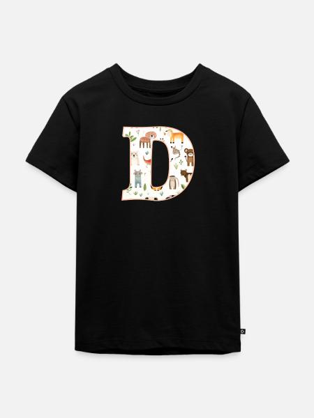 Buchstabe D, Monogramm, Tiermuster - Kinder Premium Bio T-Shirt - Schwarz