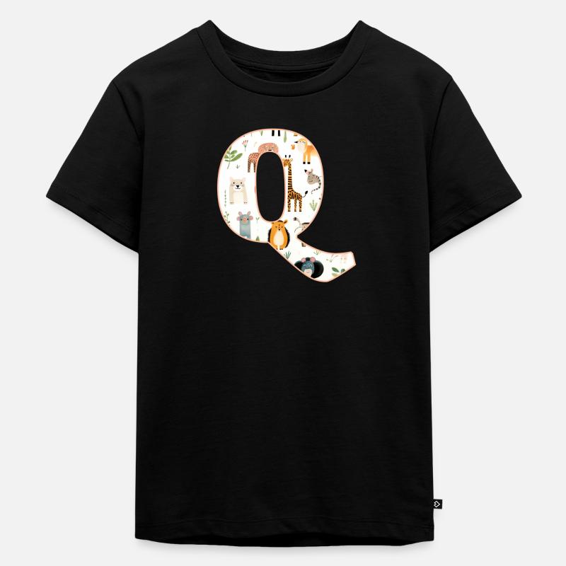 Buchstabe Q, Monogramm, Tiermuster - Kinder Premium Bio T-Shirt - Schwarz