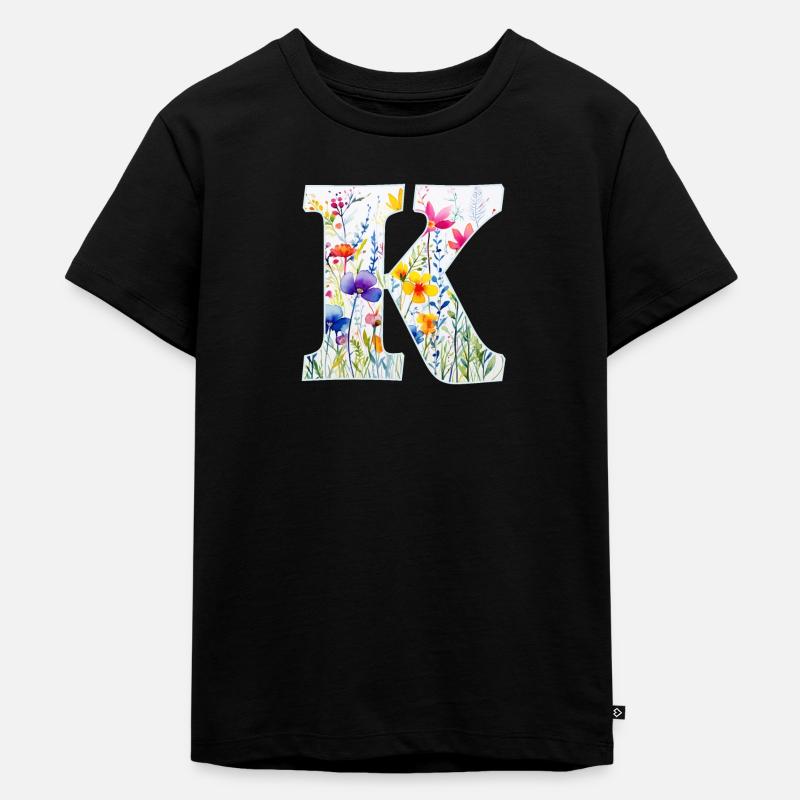 Buchstabe K, Monogramm, Blumenmuster - Kinder Premium Bio T-Shirt - Schwarz