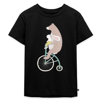 Hase und Bär fahren Fahrrad - Kinder Premium Bio T-Shirt - Schwarz - Vorne - Mikhail (115cm)