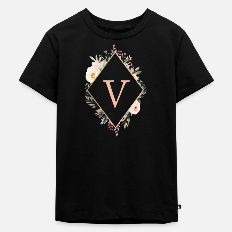 V Monogramm , Floral, Boho - Kinder Premium Bio T-Shirt - Schwarz