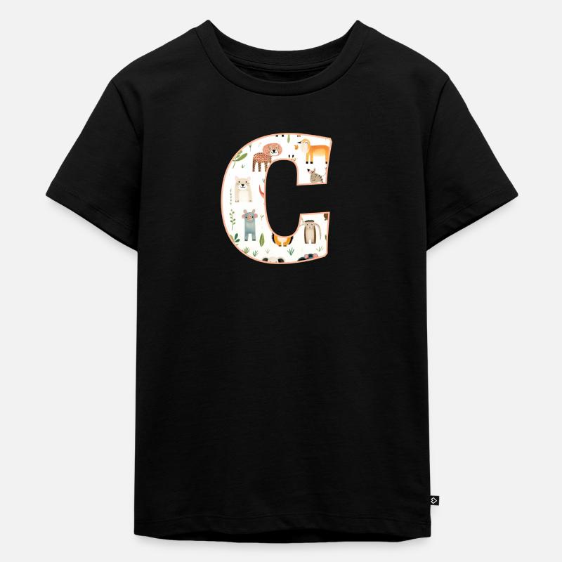 Buchstabe C, Monogramm, Tiermuster - Kinder Premium Bio T-Shirt - Schwarz