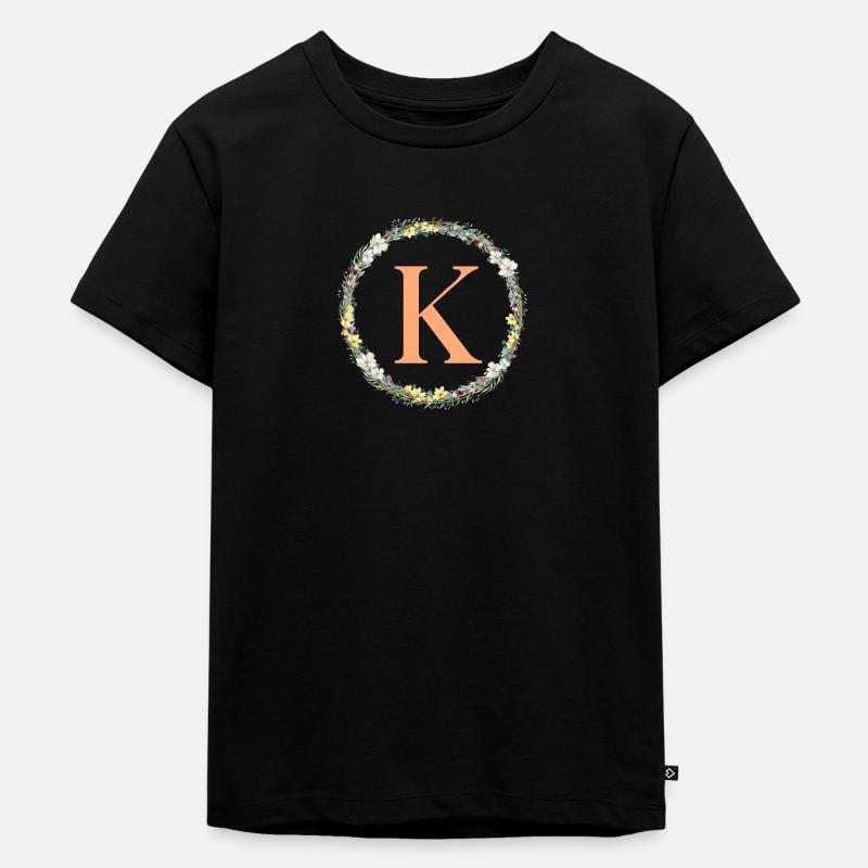 K Monogramm, Blumen-Kranz, personalisierbar - Kinder Premium Bio T-Shirt - Schwarz