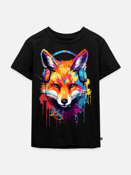 Bunter Fuchs mit Kopfhörer - Kinder Premium Bio T-Shirt - Schwarz