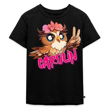 CAROLIN - Schöner Mädchen Name mit süßer EULE - Kinder Premium Bio T-Shirt - Schwarz - Vorne - Mikhail (115cm)