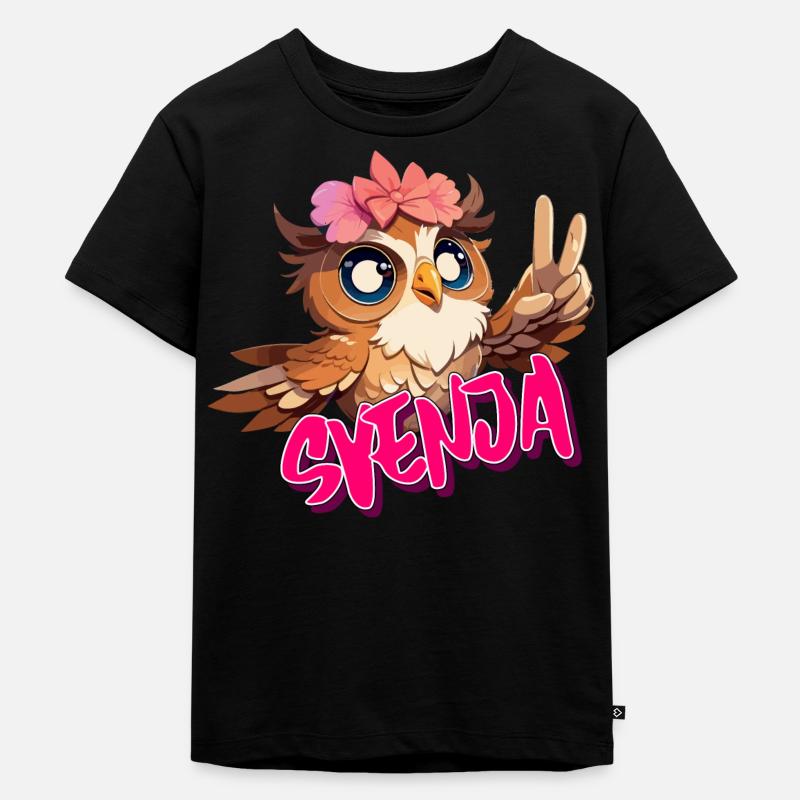 SVENJA - Schöner Mädchen Name mit süßer EULE - Kinder Premium Bio T-Shirt - Schwarz