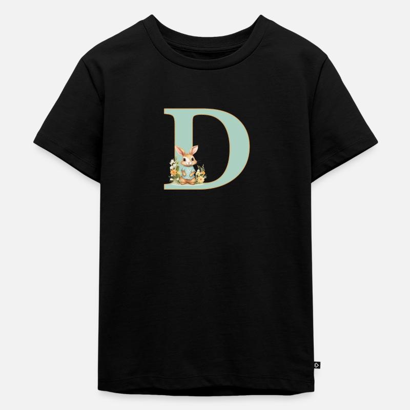 Buchstabe D, Monogramm, Blumen, Hase - Kinder Premium Bio T-Shirt - Schwarz