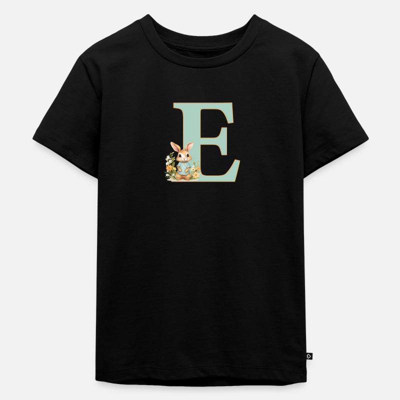 Lettre E, Monogramme, Fleurs, Lapin - T-shirt Premium bio Enfant - noir