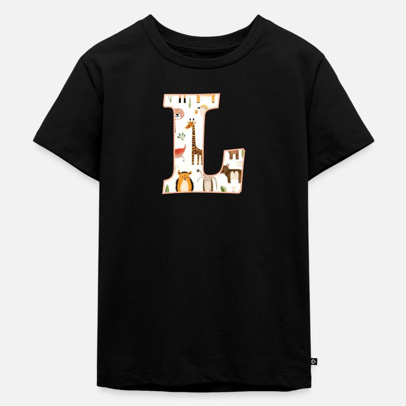 Buchstabe L, Monogramm, Tiermuster - Kinder Premium Bio T-Shirt - Schwarz