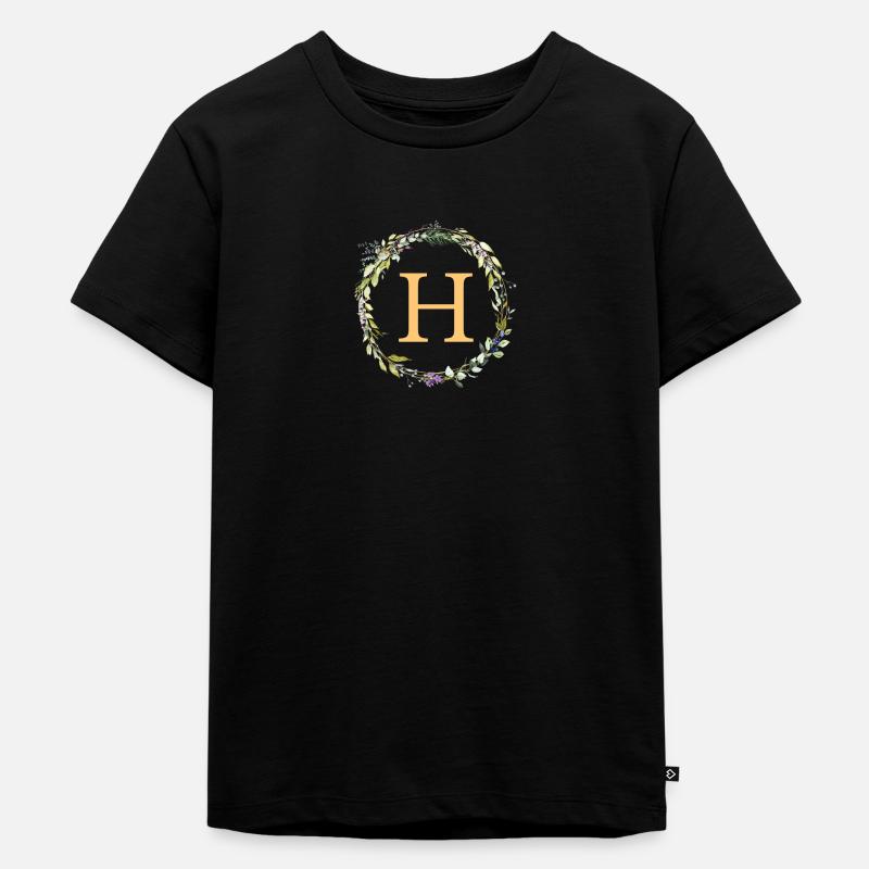 H Monogramm Eukalyptus-Kranz - Kinder Premium Bio T-Shirt - Schwarz