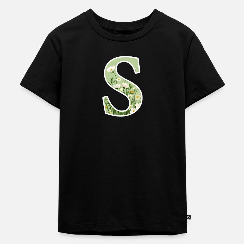 Buchstabe S, Monogramm, Blumenmuster - Kinder Premium Bio T-Shirt - Schwarz