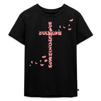 Jesu Christen Christentum Schmetterlinge Kreuz - Kinder Premium Bio T-Shirt - Schwarz - Vorne - Mikhail (115cm)