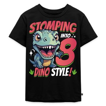 T-Rex Turning 8: Stomping into 8th Dino Style Bday - Kinder Premium Bio T-Shirt - Schwarz - Vorne - Mikhail (115cm)