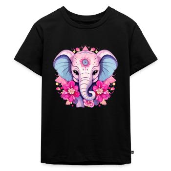 Rosa Elefant - Indische Blüten & Ornamente - Kinder Premium Bio T-Shirt - Schwarz - Vorne - Mikhail (115cm)