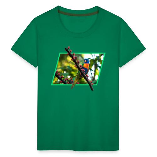 Bunter Papagei auf einem Ast vor einem Rahmen - Kinder Premium T-Shirt