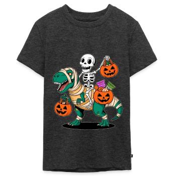 Skelett Und T-Rex Mit Kürbissen Zu Halloween - Teenager Premium Bio T-Shirt - Anthrazit meliert - Vorne - AI Model Teenager Male light (155cm)