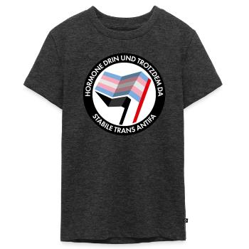 Hormone drin und trotzdm da – stabile trans Antifa - Teenager Premium Bio T-Shirt - Anthrazit meliert - Vorne - AI Model Teenager Male light (155cm)