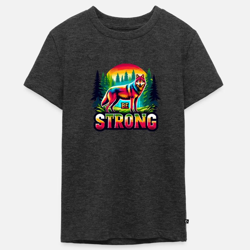 Loup avec le slogan « Be Strong » - T-shirt Premium bio Ado - anthracite chiné