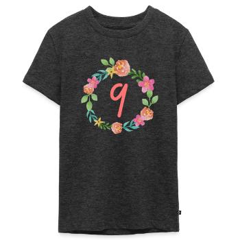 9 Geburtstag | Geburtstagsshirt Mädchen Blumen - Teenager Premium Bio T-Shirt - Anthrazit meliert - Vorne - AI Model Teenager Male light (155cm)