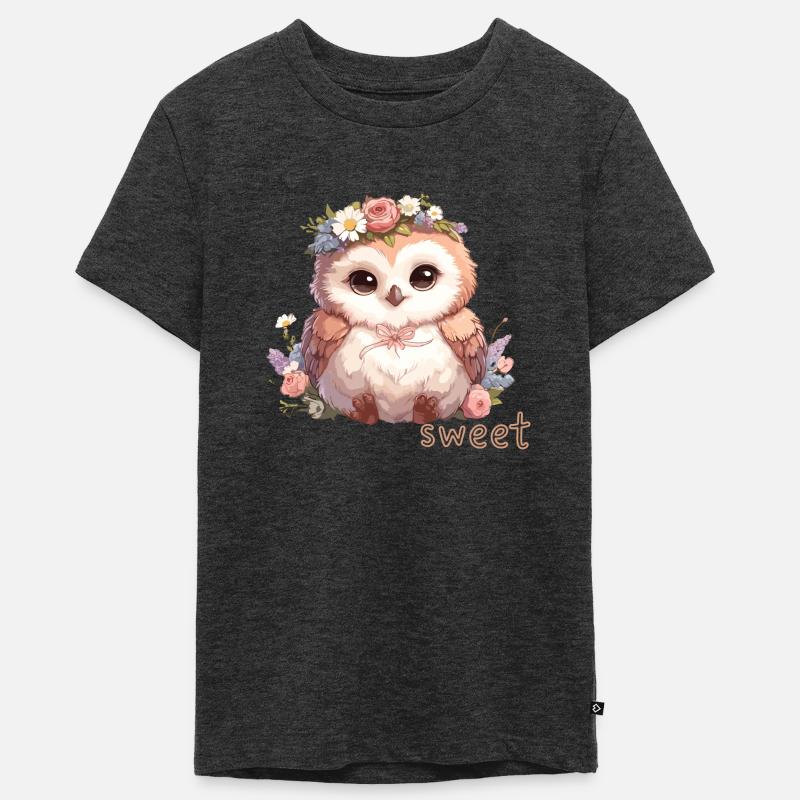 Hibou mignon avec des fleurs - T-shirt Premium bio Ado - anthracite chiné