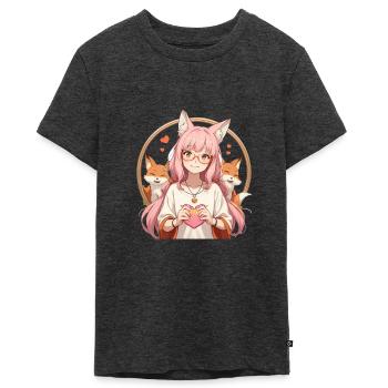 Fox Girl : Charme au Style Anime avec 2 renards - T-shirt Premium bio Ado - anthracite chiné - Devant - AI Model Teenager Male light (155cm)