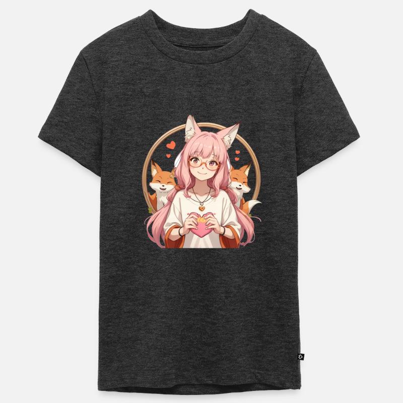 Fox Girl : Charme au Style Anime avec 2 renards - T-shirt Premium bio Ado - anthracite chiné