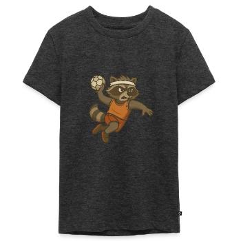 Handballspieler Geschenk – Waschbär im Wurf - Teenager Premium Bio T-Shirt - Anthrazit meliert - Vorne - AI Model Teenager Male light (155cm)