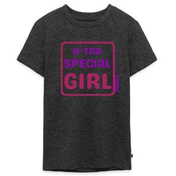 Down Syndrom Design - X-tra special girl - Teenager Premium Bio T-Shirt - Anthrazit meliert - Vorne - AI Model Teenager Male light (155cm)