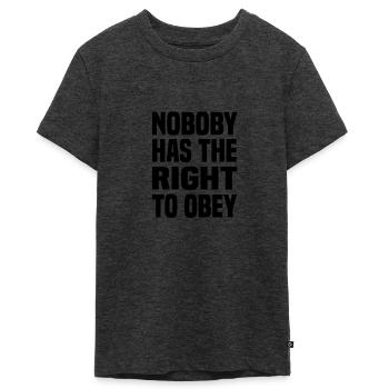 Personne n’a le droit d’obéir à l’autocollant - T-shirt Premium bio Ado - anthracite chiné - Devant - AI Model Teenager Male light (155cm)
