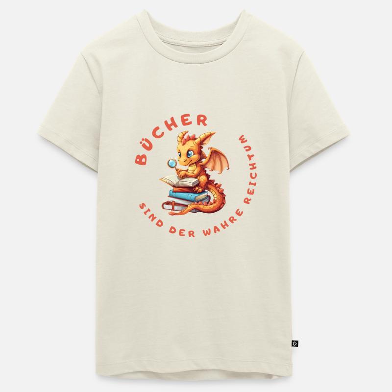 Kleiner Drache mit Büchern - Teenager Premium Bio T-Shirt - Naturweiß