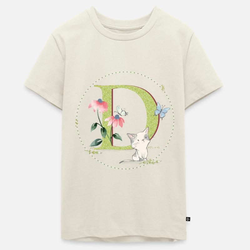 Lettre initiale D avec chat - T-shirt Premium bio Ado - blanc cassé