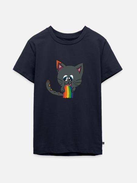 Katze und Regenbogen - Teenager Premium Bio T-Shirt - Navy