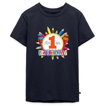 Emblem Erstklassig mit Buntstiften und Schultüten - Teenager Premium Bio T-Shirt - Navy - Vorne - AI Model Teenager Male light (155cm)