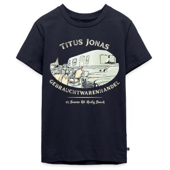 Die Drei ??? Gebrauchtwarenhandel Design - Teenager Premium Bio T-Shirt - Navy - Vorne - AI Model Teenager Male light (155cm)