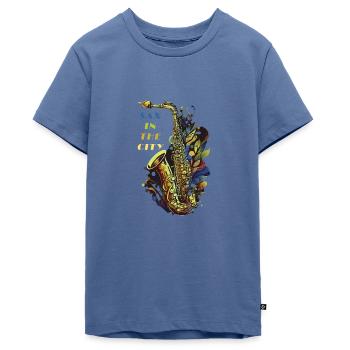 Saxophon und Tanz, Saxophon in der Stadt, Retro - Teenager Premium Bio T-Shirt - Taubenblau - Vorne - AI Model Teenager Male light (155cm)